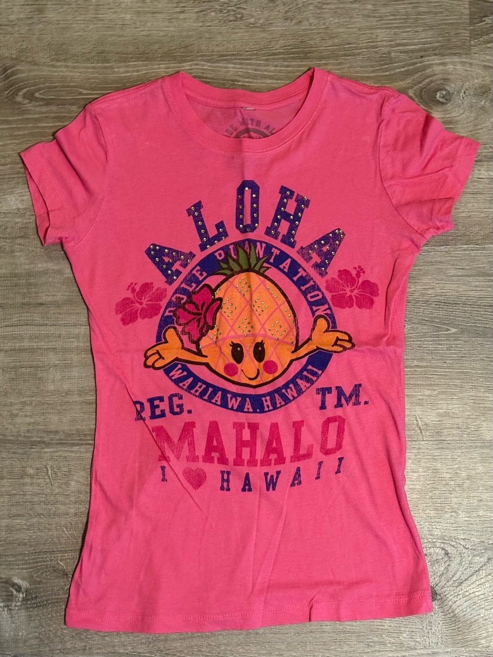 Hawaii Exclusive Dole Plantation Aloha Mahalo Pineapple Studded Shirt Top